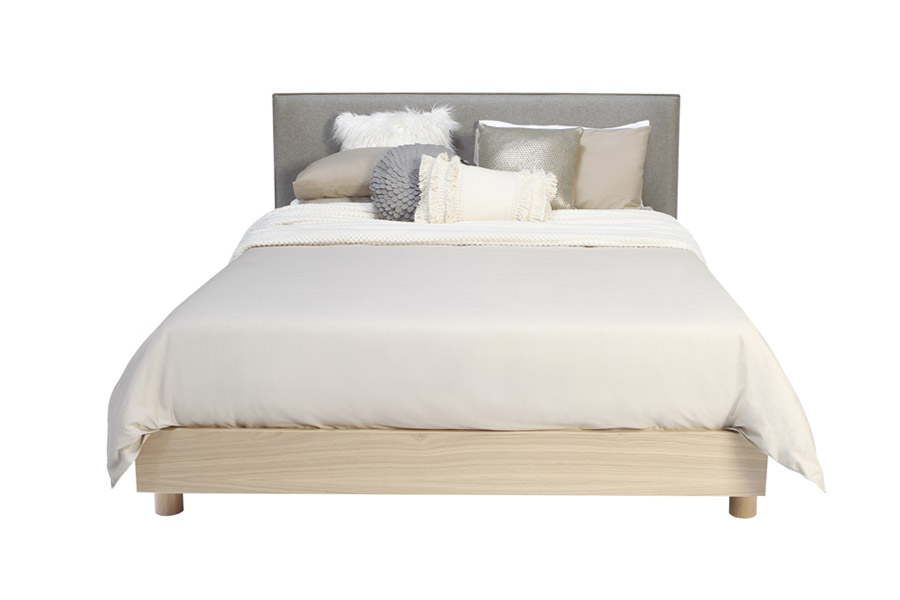 Silver Lynx upholstered bed head with natural bed frame